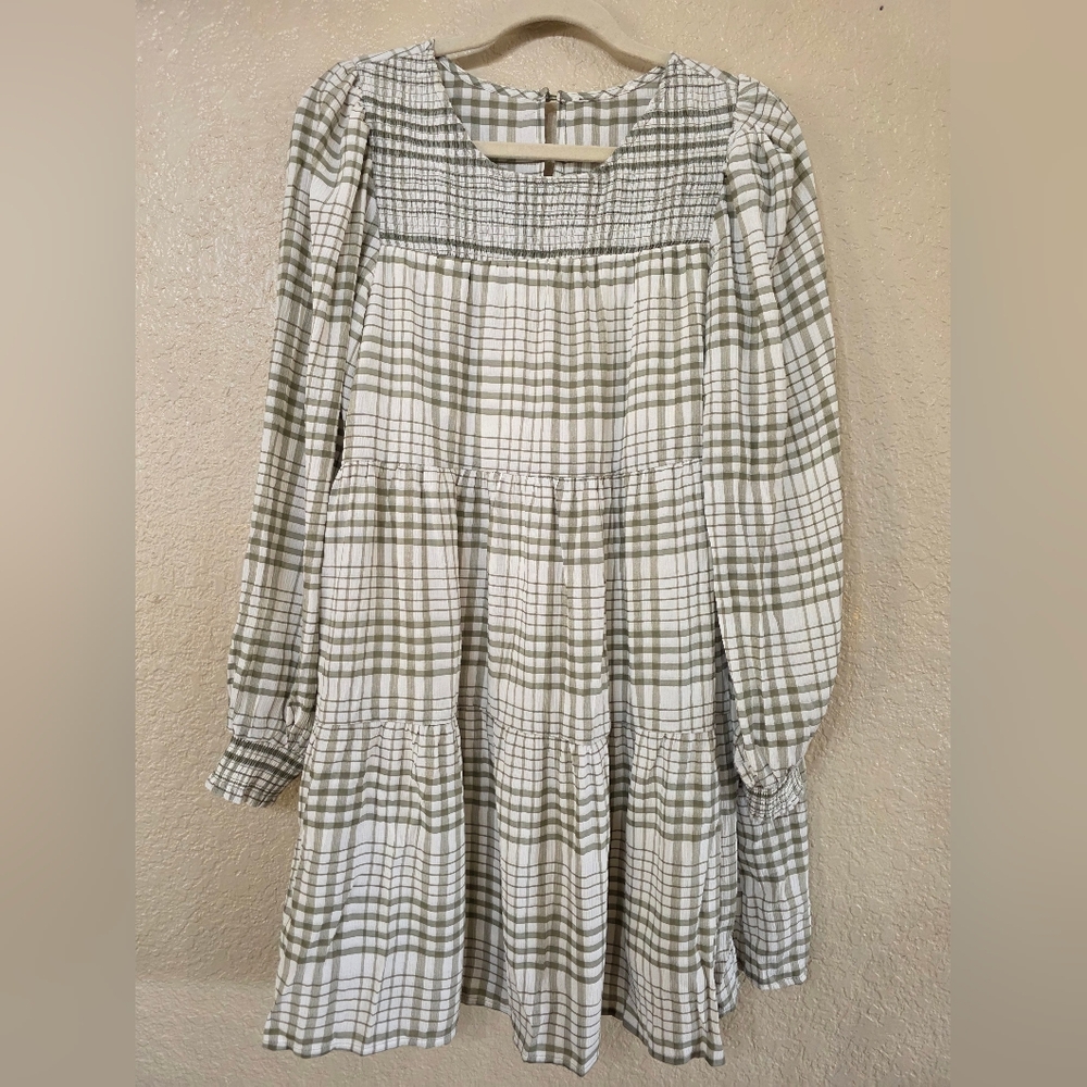Green Plaid Puff Long Sleeve Fall Dress - Picture 2 of 8